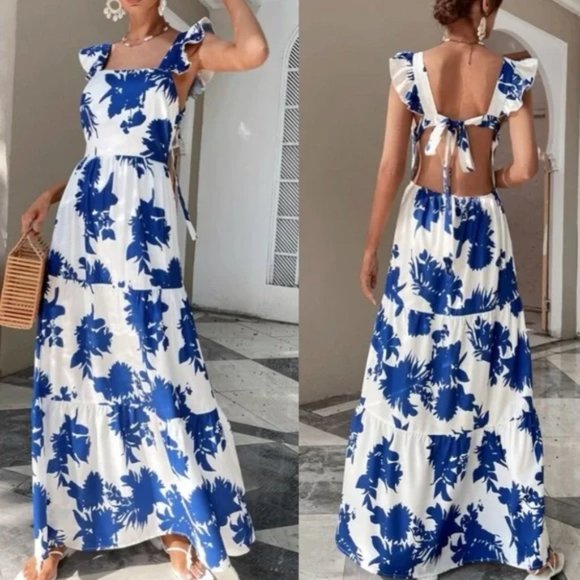 MODA ME COUTURE Dresses & Skirts - Boho floral butterfly sleeve ruffle hem tie back dress blue white